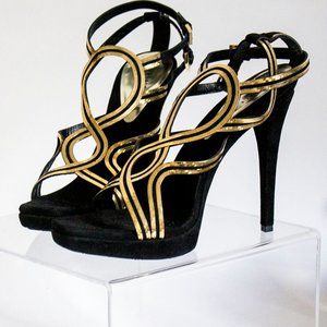 Versace Heels Black Suede W/ Gold Metal Size 8 1/2